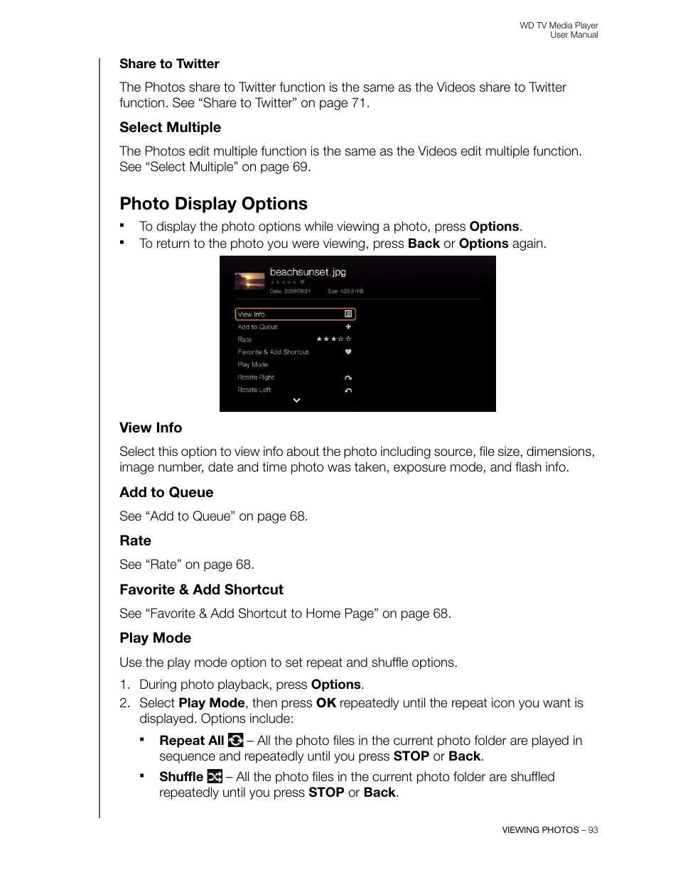 Share to twitter, Select multiple, Photo display options | View info, Add to queue, Rate, Favorite & add shortcut, Play mode | Western Digital WD TV User Manual User Manual | Page 98 / 244