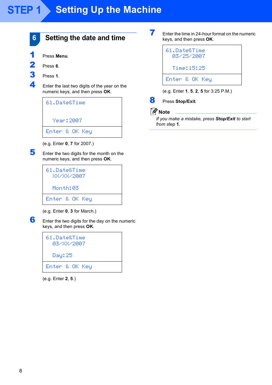 6 setting the date and time, Setting the date and time, Step 1 | Setting up the machine, 6setting the date and time | Brother DCP-9045CDN User Manual | Page 10 / 32