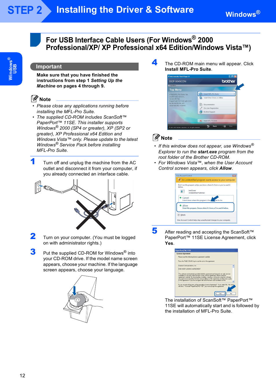 Windows, For usb interface cable users (for windows, For usb interface cable users | Step 2, Installing the driver & software, Important | Brother DCP-9045CDN User Manual | Page 14 / 32
