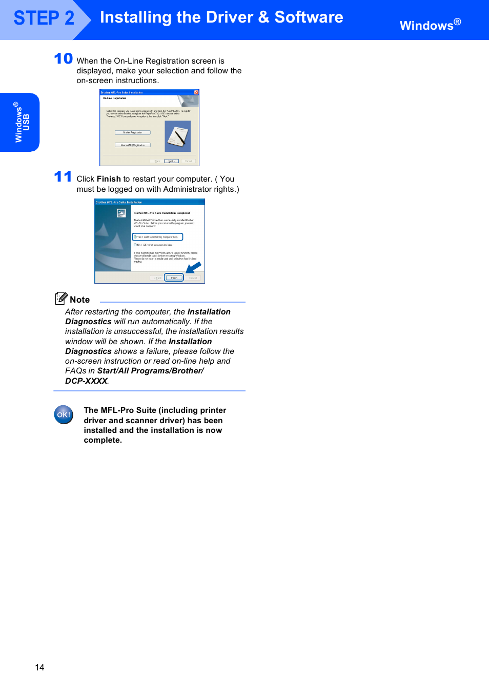 Step 2, Installing the driver & software, Windows | Brother DCP-9045CDN User Manual | Page 16 / 32