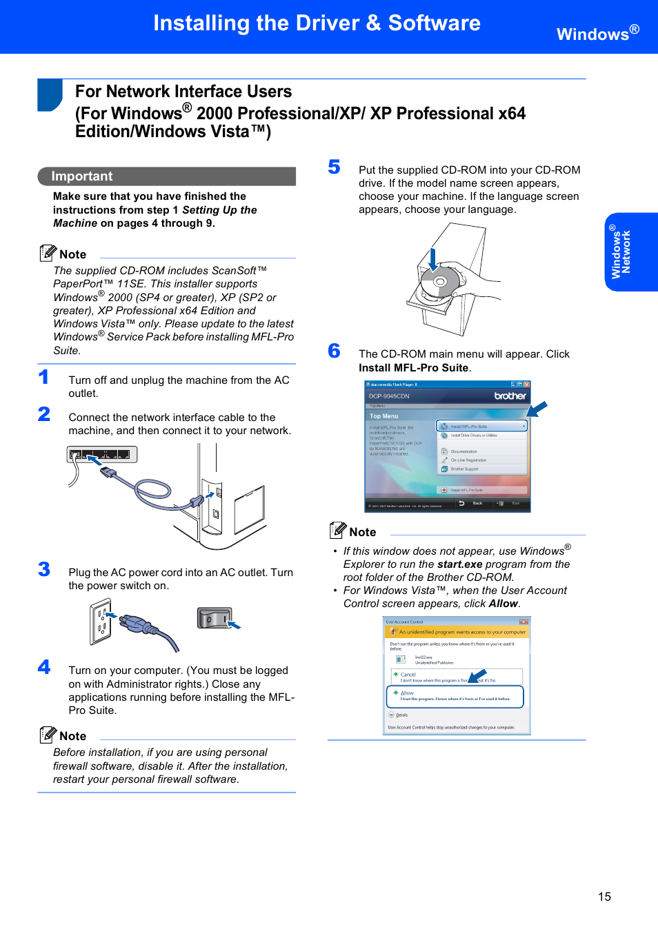 For network interface users (for windows, For network interface users, Installing the driver & software | Windows, Important | Brother DCP-9045CDN User Manual | Page 17 / 32