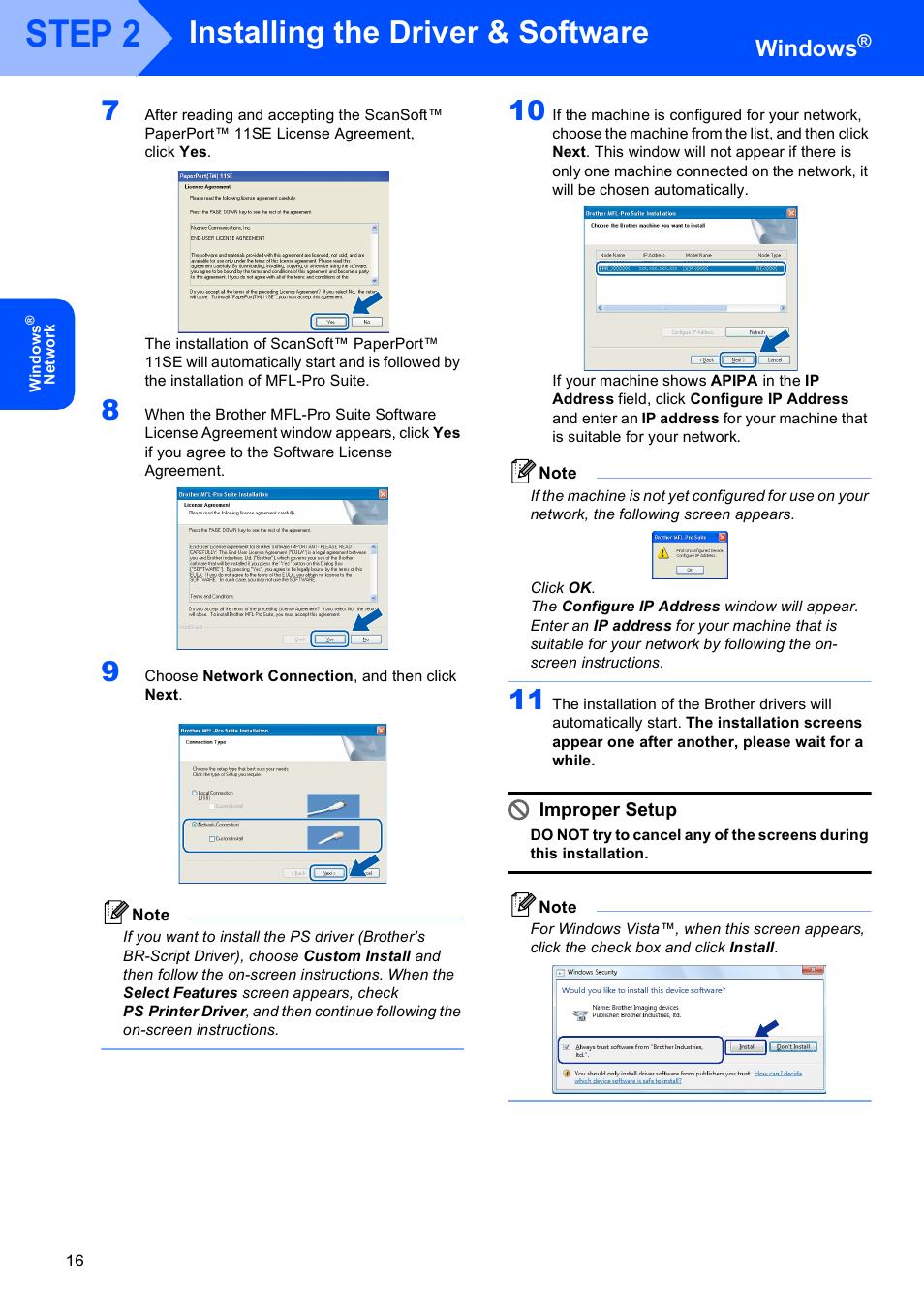 Step 2, Installing the driver & software, Windows | Improper setup | Brother DCP-9045CDN User Manual | Page 18 / 32