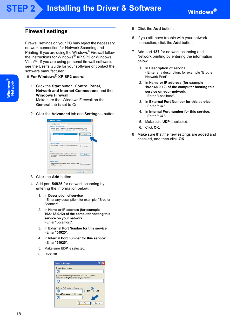 Firewall settings, Step 2, Installing the driver & software | Windows | Brother DCP-9045CDN User Manual | Page 20 / 32