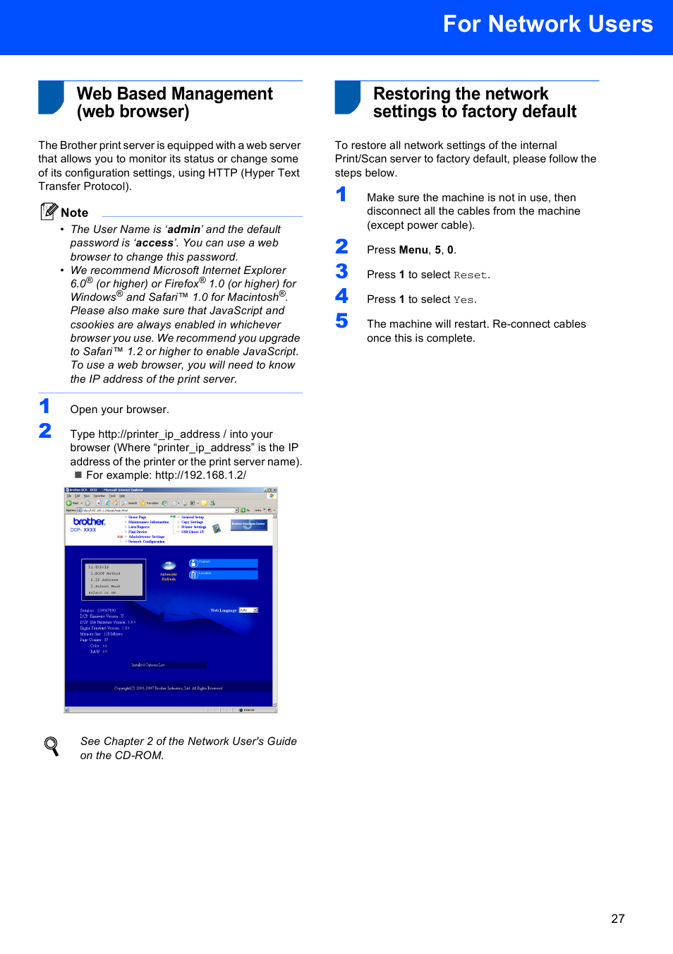 Web based management (web browser), Restoring the network settings to factory default, For network users | Brother DCP-9045CDN User Manual | Page 29 / 32