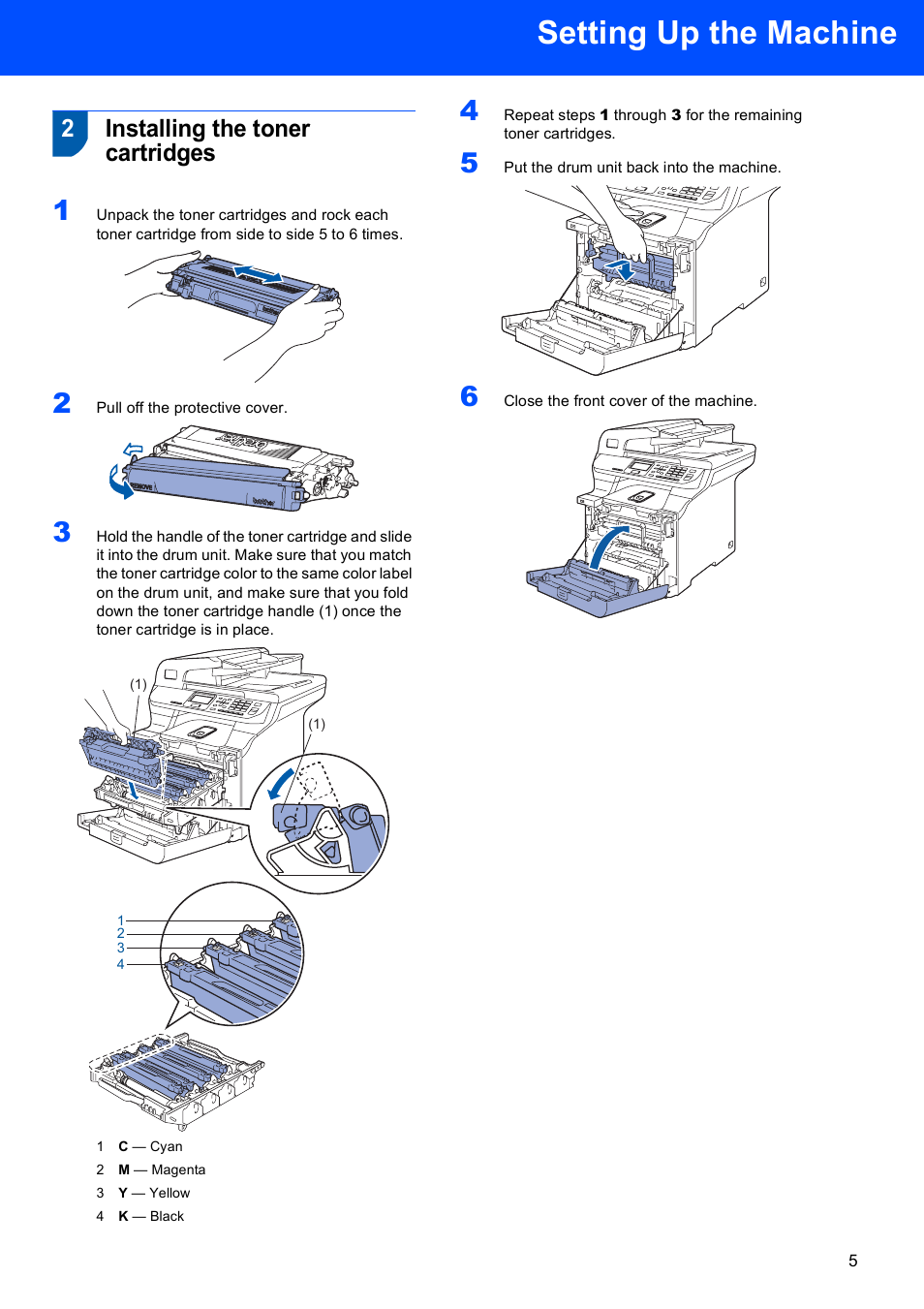 2 installing the toner cartridges, Installing the toner cartridges, Setting up the machine | 2installing the toner cartridges | Brother DCP-9045CDN User Manual | Page 7 / 32