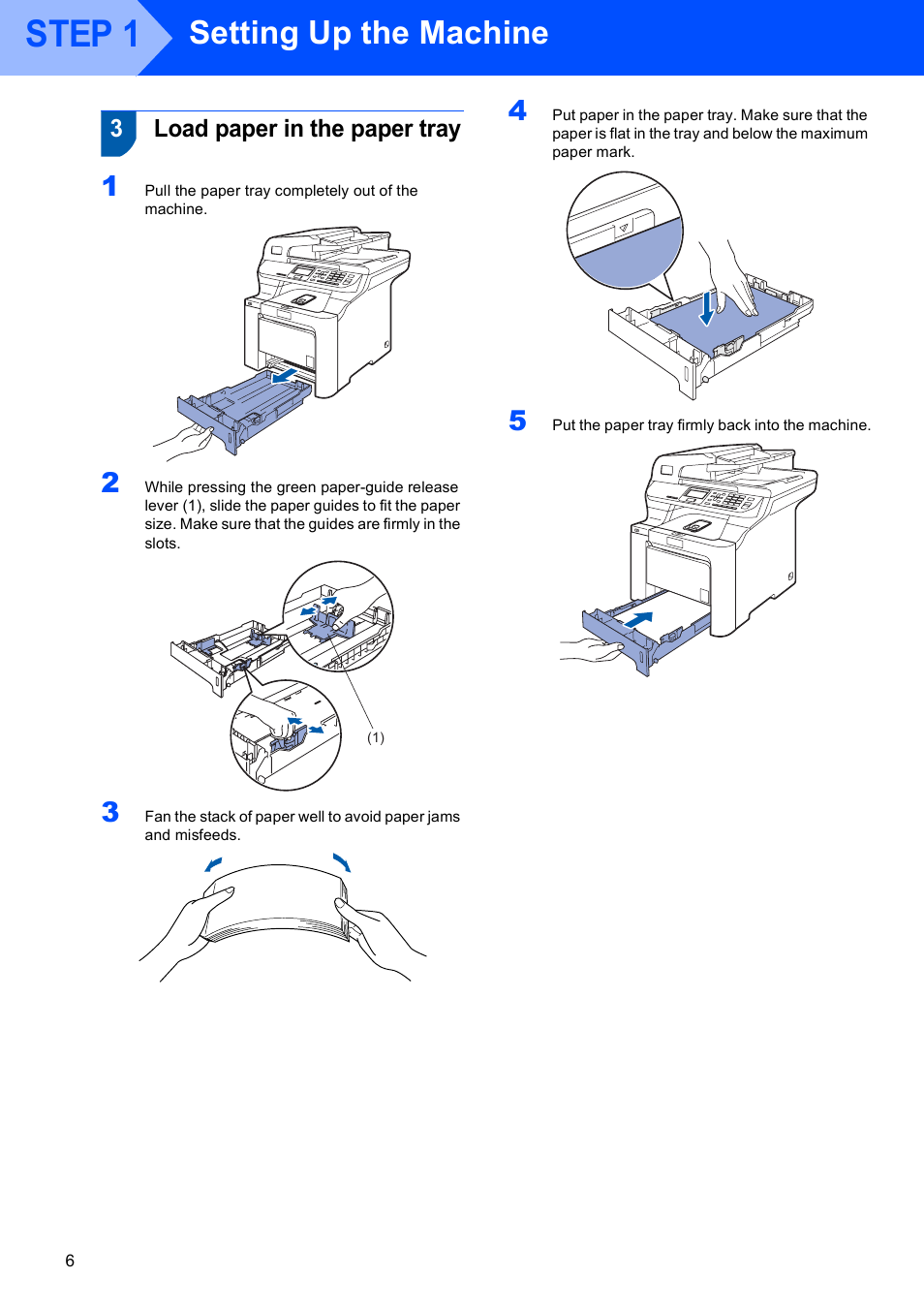 3 load paper in the paper tray, Load paper in the paper tray, Step 1 | Setting up the machine, 3load paper in the paper tray | Brother DCP-9045CDN User Manual | Page 8 / 32