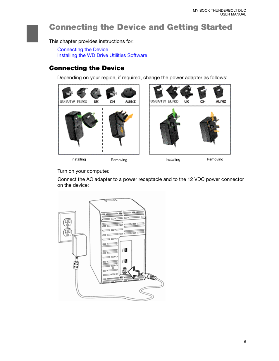 Connecting the device and getting started, Connecting the device | Western Digital My Book Thunderbolt Duo User Manual User Manual | Page 10 / 38