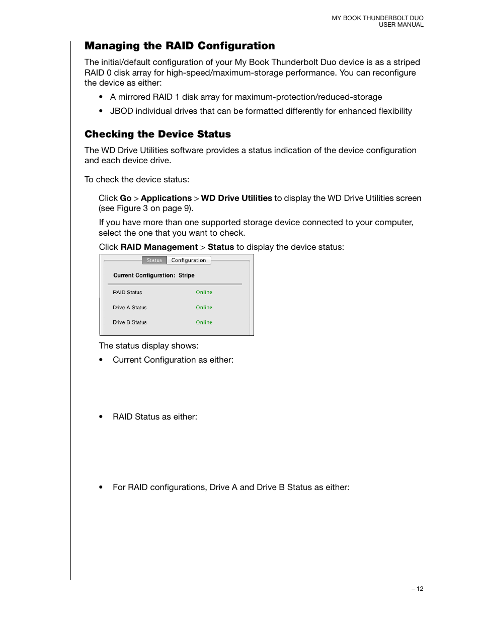 Managing the raid configuration, Checking the device status | Western Digital My Book Thunderbolt Duo User Manual User Manual | Page 16 / 38