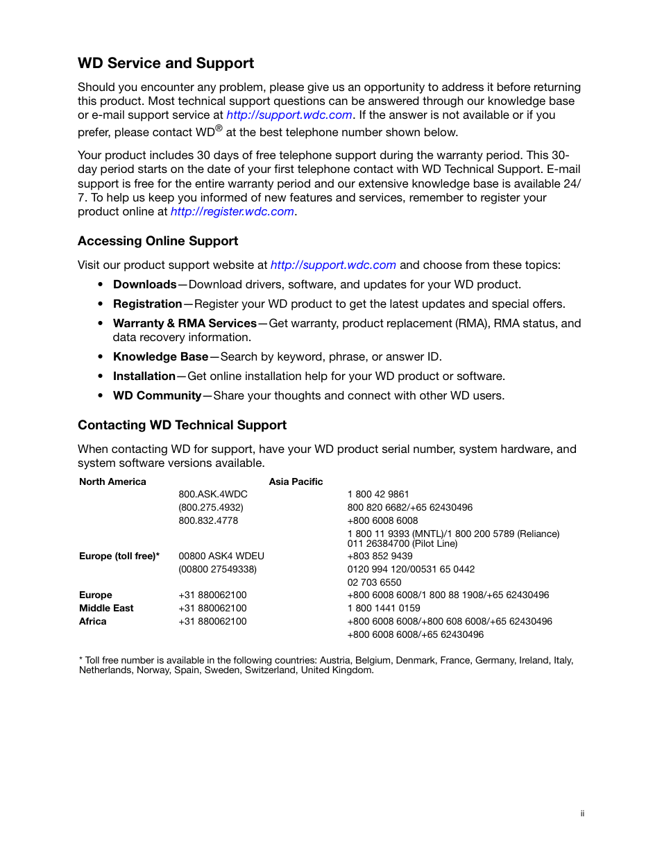 Wd service and support, Accessing online support, Contacting wd technical support | Western Digital My Book Thunderbolt Duo User Manual User Manual | Page 2 / 38