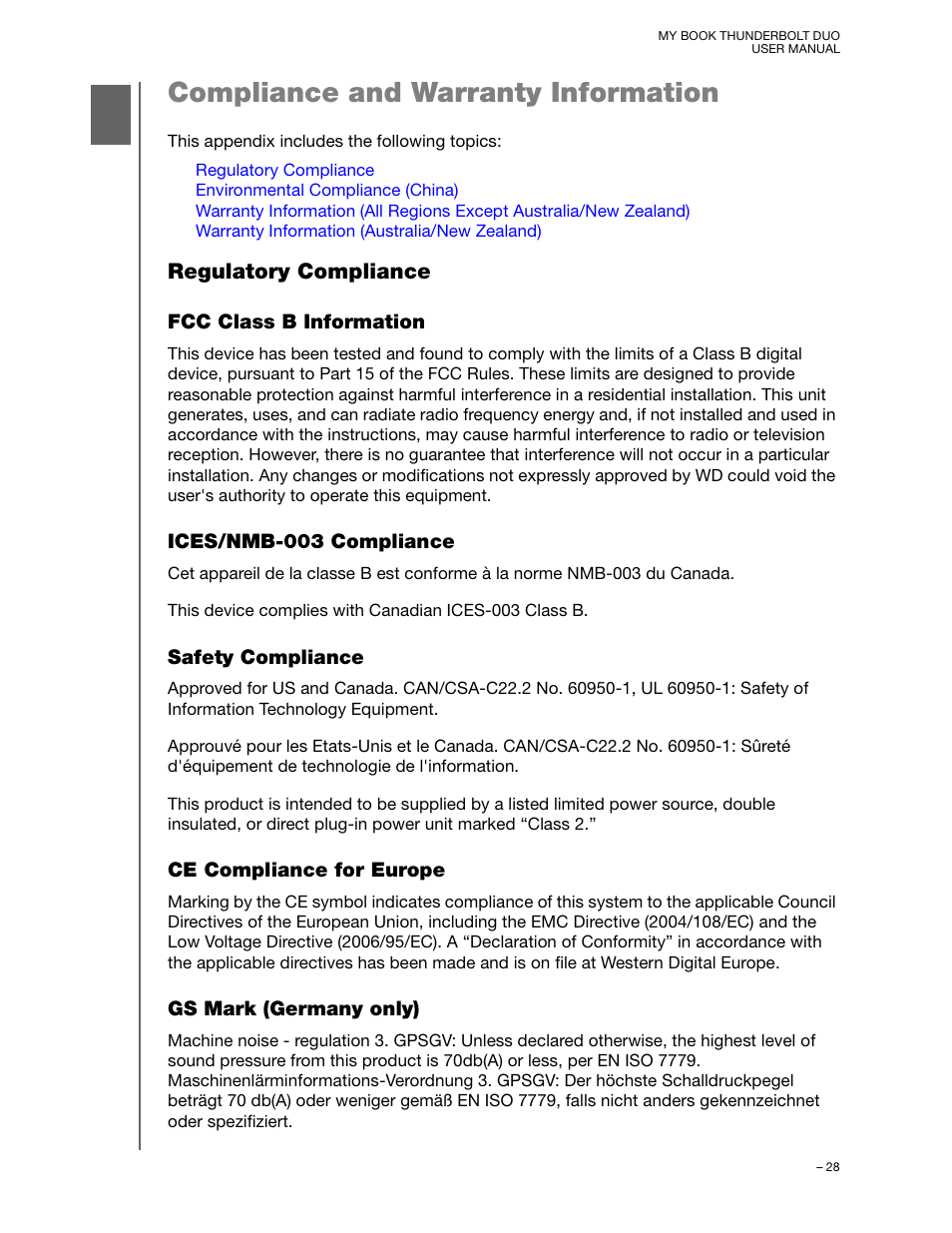 Compliance and warranty information, Regulatory compliance, Fcc class b information | Ices/nmb-003 compliance, Safety compliance, Ce compliance for europe, Gs mark (germany only) | Western Digital My Book Thunderbolt Duo User Manual User Manual | Page 32 / 38