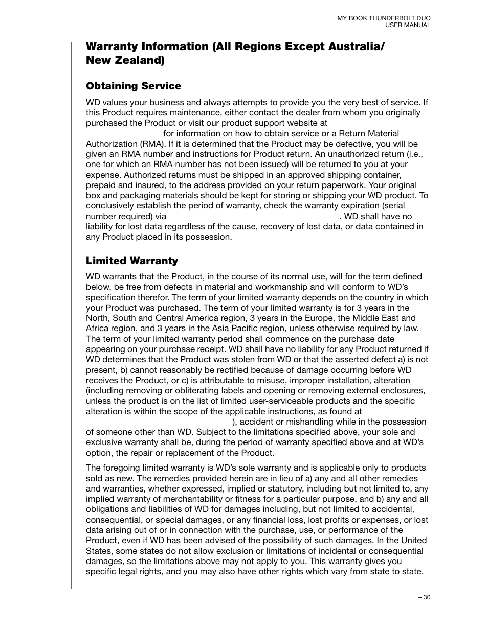 Obtaining service, Limited warranty | Western Digital My Book Thunderbolt Duo User Manual User Manual | Page 34 / 38