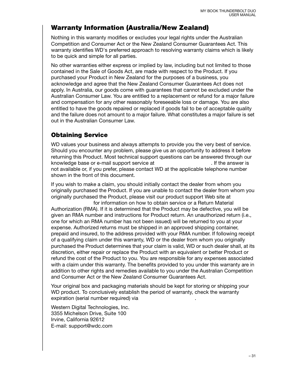 Warranty information (australia/new zealand), Obtaining service | Western Digital My Book Thunderbolt Duo User Manual User Manual | Page 35 / 38