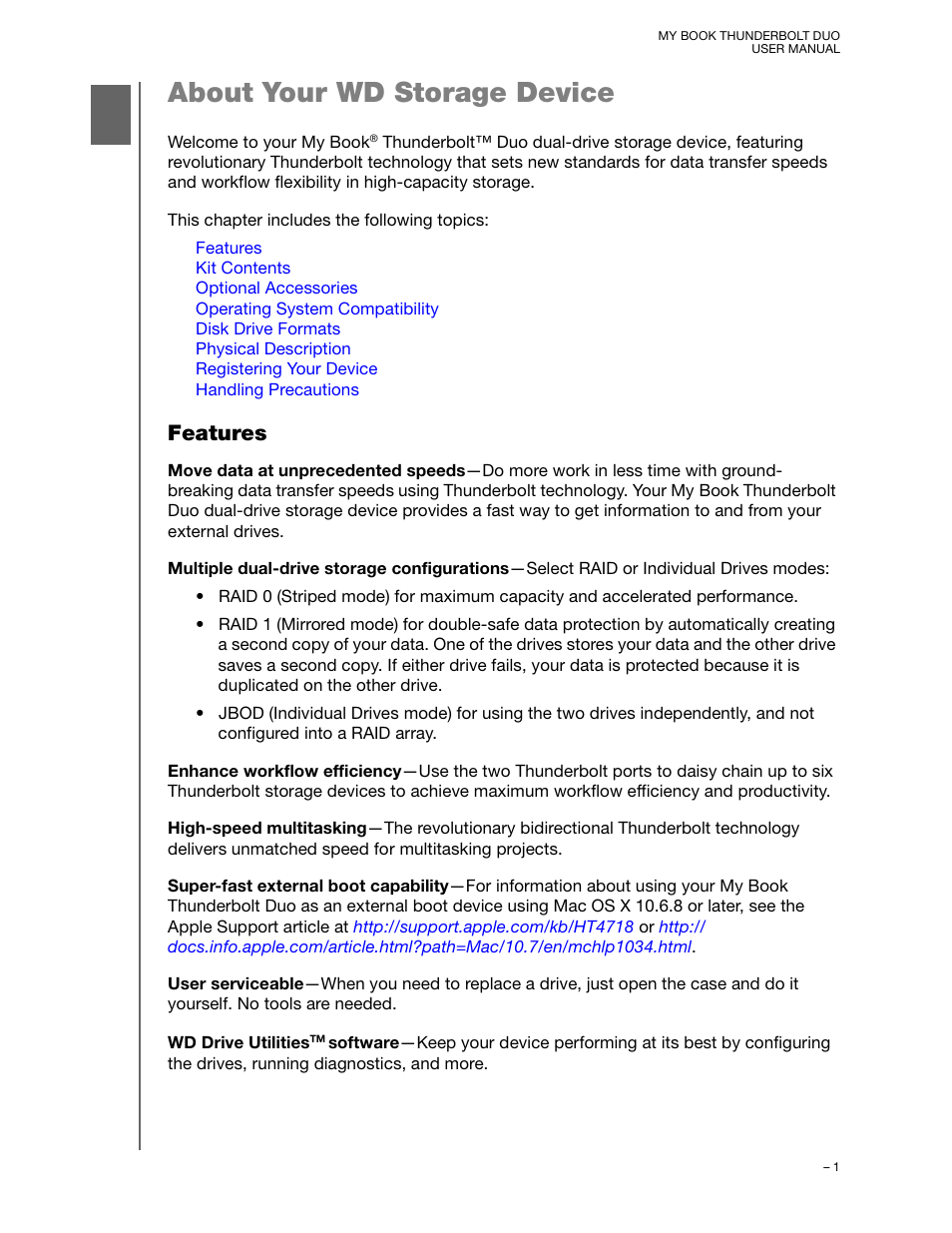 About your wd storage device, Features | Western Digital My Book Thunderbolt Duo User Manual User Manual | Page 5 / 38