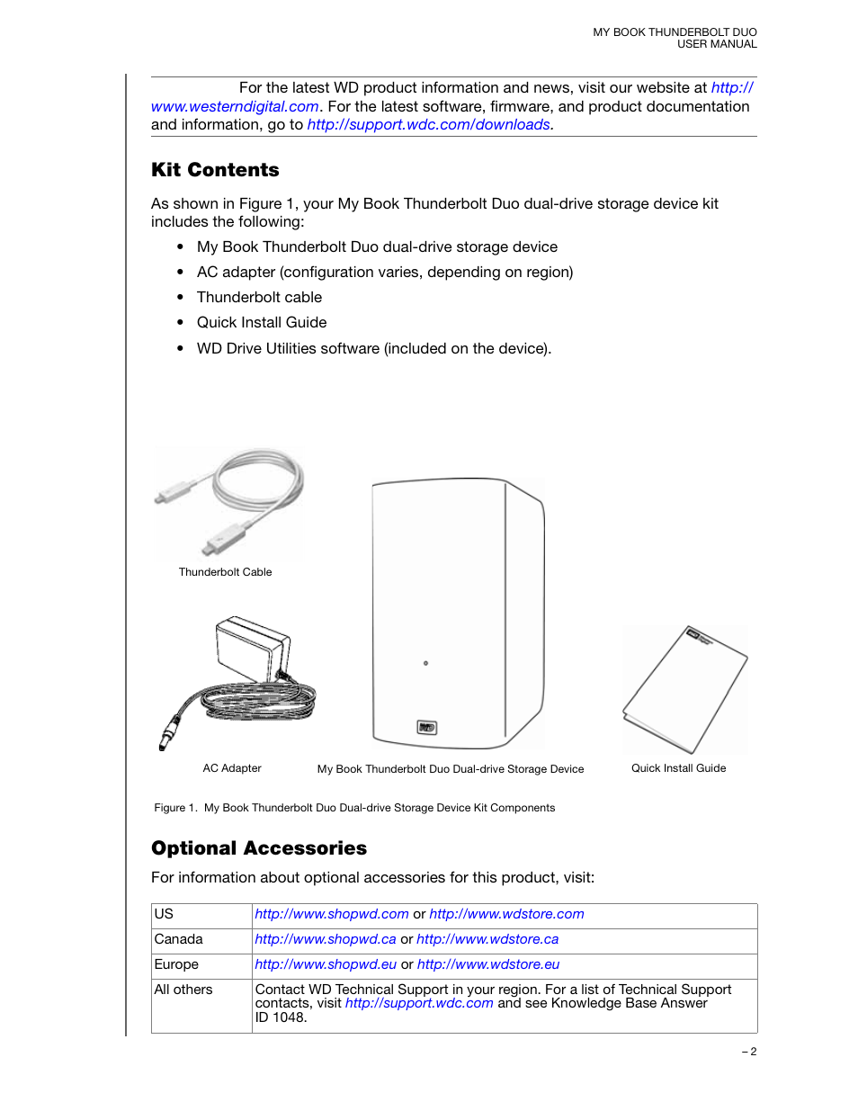 Kit contents, Optional accessories, Kit contents optional accessories | Western Digital My Book Thunderbolt Duo User Manual User Manual | Page 6 / 38