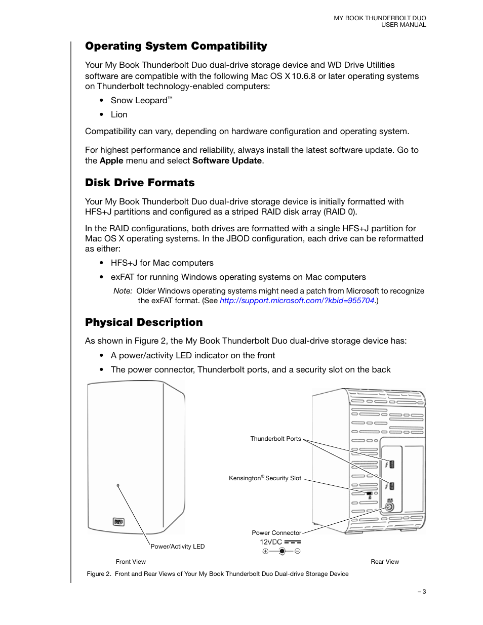 Operating system compatibility, Disk drive formats, Physical description | Western Digital My Book Thunderbolt Duo User Manual User Manual | Page 7 / 38