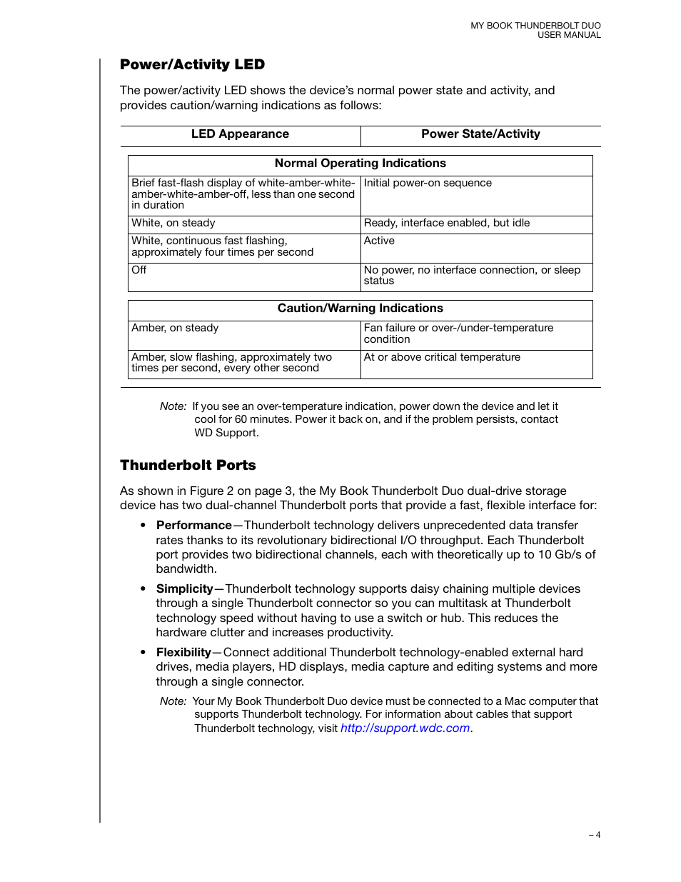 Power/activity led, Thunderbolt ports | Western Digital My Book Thunderbolt Duo User Manual User Manual | Page 8 / 38