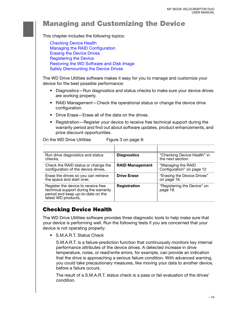 Managing and customizing the device, Checking device health, Managing and customizing the | Western Digital My Book VelociRaptor Duo User Manual User Manual | Page 14 / 38