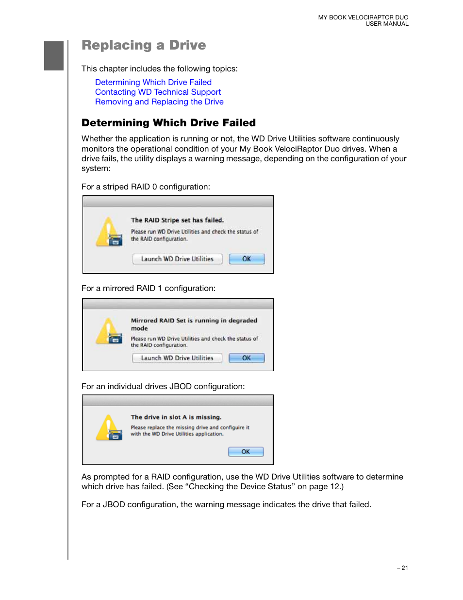Replacing a drive, Determining which drive failed | Western Digital My Book VelociRaptor Duo User Manual User Manual | Page 25 / 38