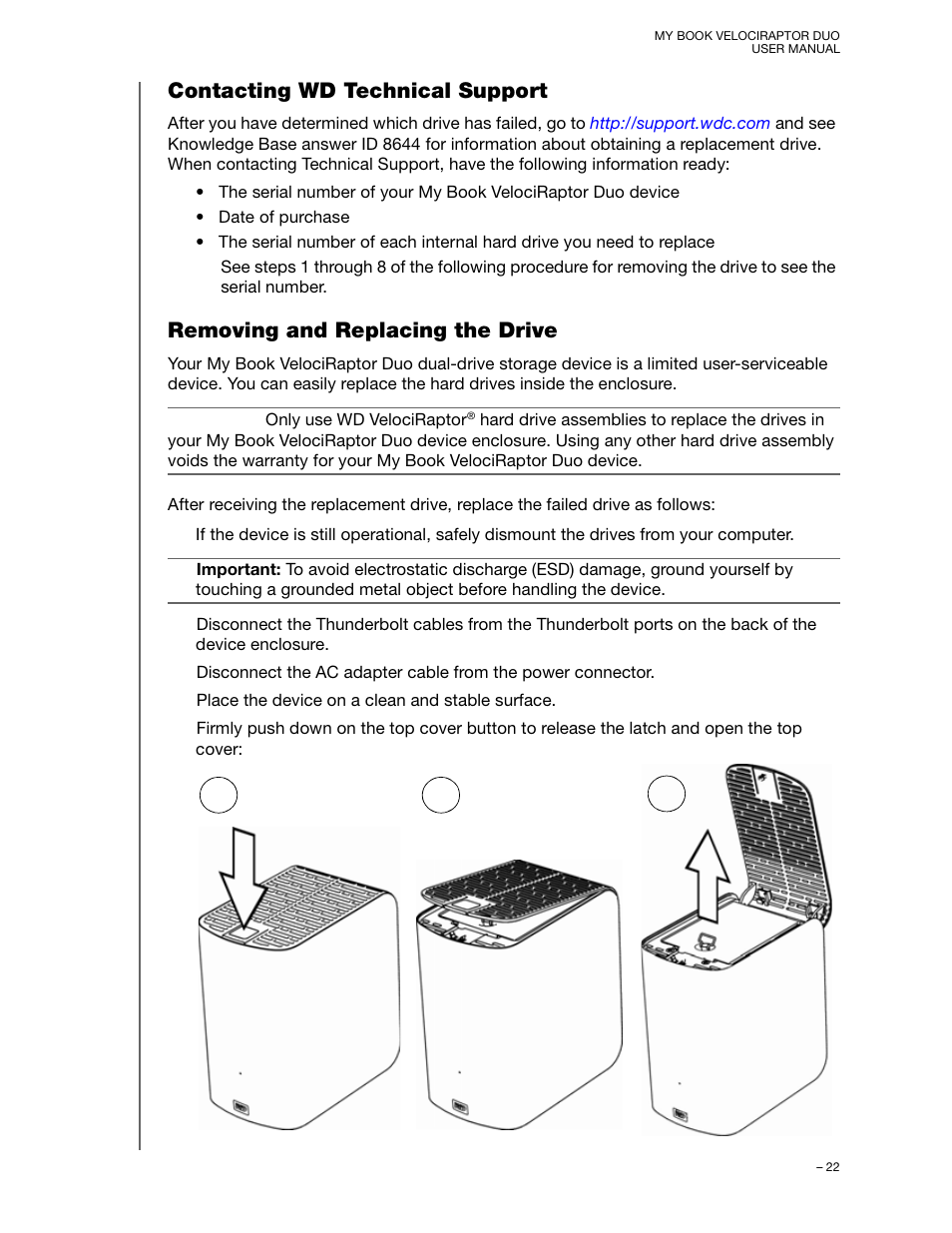 Contacting wd technical support, Removing and replacing the drive | Western Digital My Book VelociRaptor Duo User Manual User Manual | Page 26 / 38