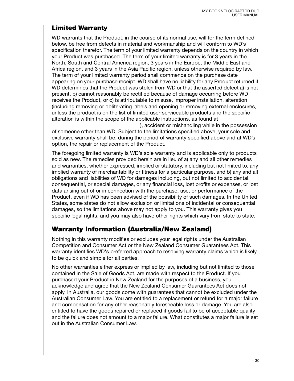 Limited warranty, Warranty information (australia/new zealand) | Western Digital My Book VelociRaptor Duo User Manual User Manual | Page 34 / 38