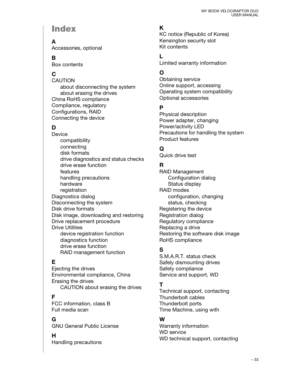 Index | Western Digital My Book VelociRaptor Duo User Manual User Manual | Page 37 / 38