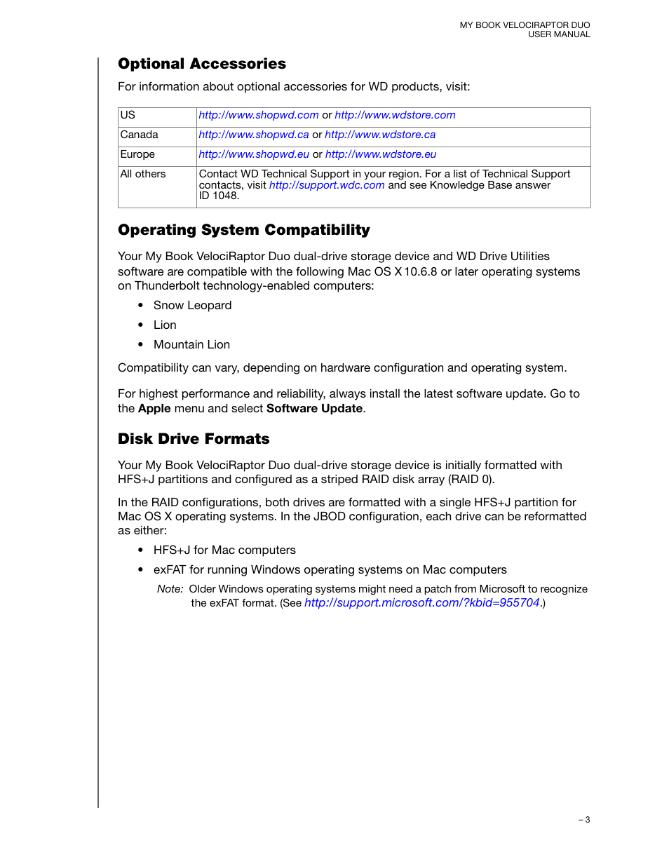 Optional accessories, Operating system compatibility, Disk drive formats | Western Digital My Book VelociRaptor Duo User Manual User Manual | Page 7 / 38