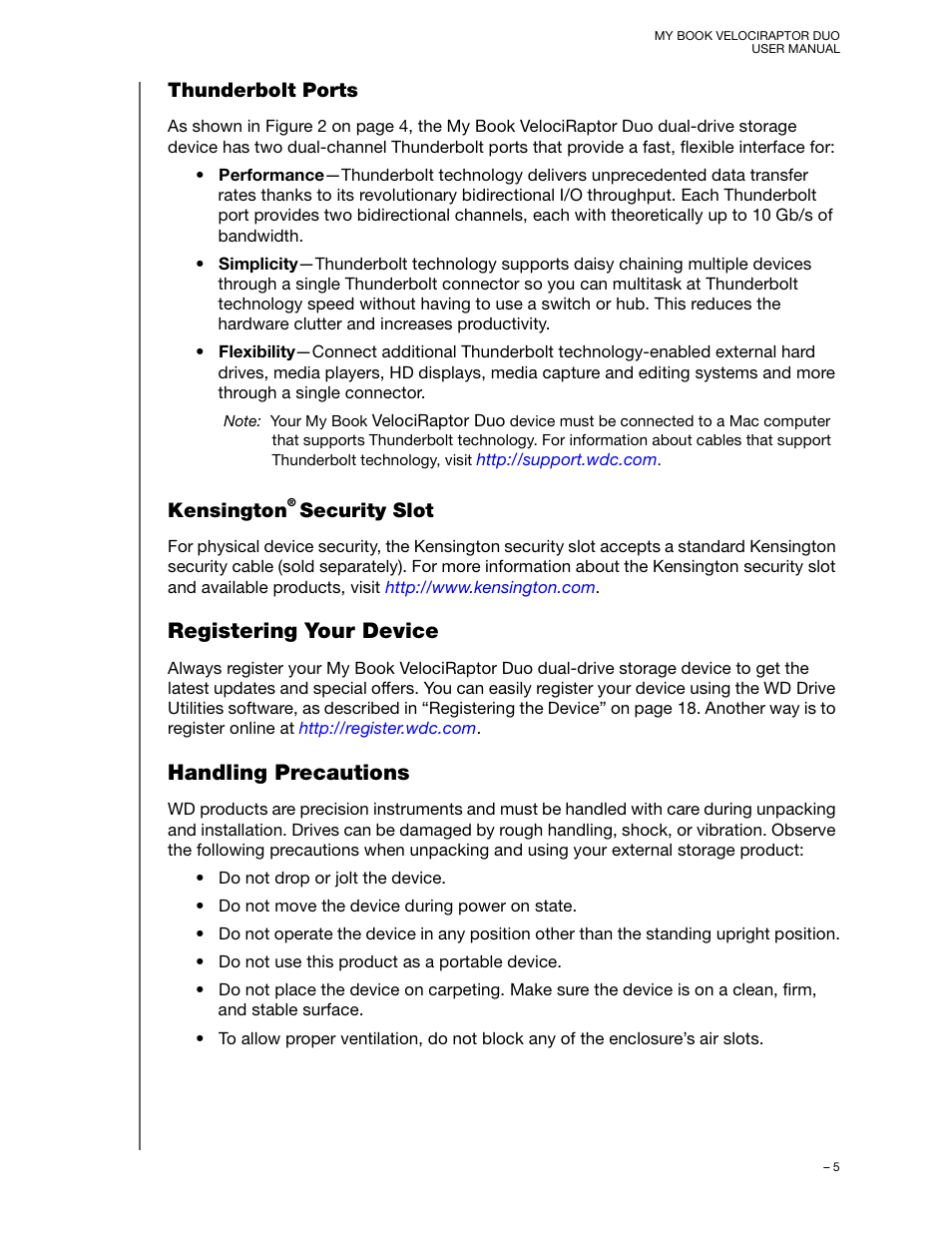 Thunderbolt ports, Kensington® security slot, Registering your device | Handling precautions, Kensington, Registering your device handling precautions, Security slot | Western Digital My Book VelociRaptor Duo User Manual User Manual | Page 9 / 38