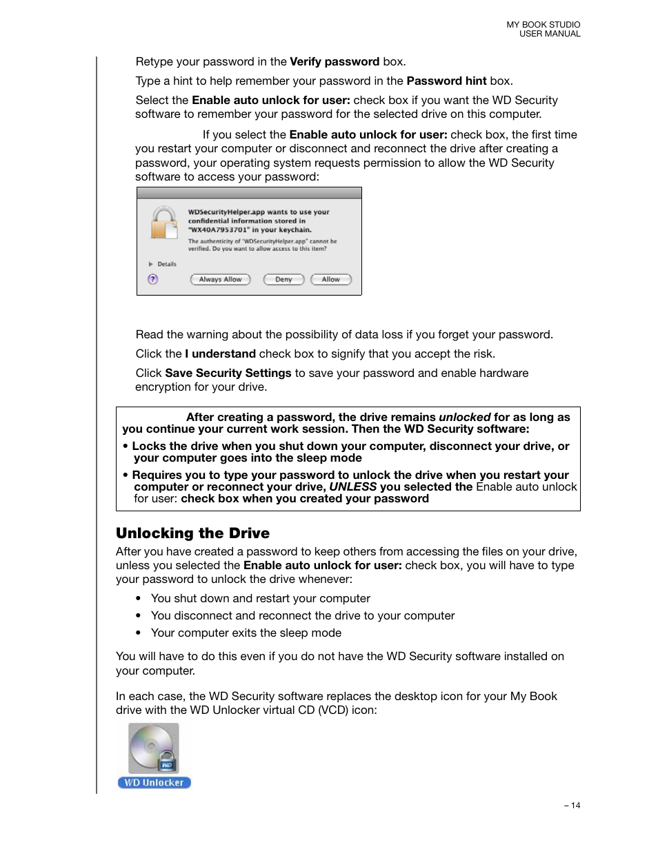 Unlocking the drive | Western Digital My Book Studio (USB 3.0) User Manual User Manual | Page 18 / 42