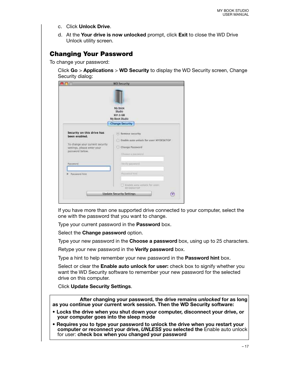 Changing your password | Western Digital My Book Studio (USB 3.0) User Manual User Manual | Page 21 / 42