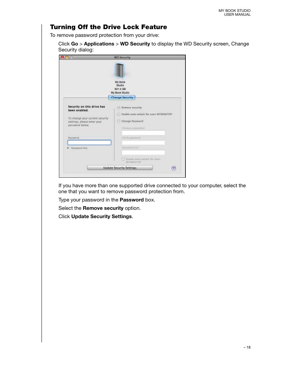 Turning off the drive lock feature | Western Digital My Book Studio (USB 3.0) User Manual User Manual | Page 22 / 42