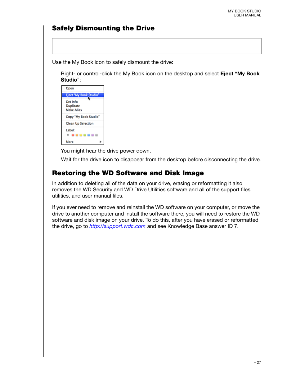 Safely dismounting the drive, Restoring the wd software and disk image | Western Digital My Book Studio (USB 3.0) User Manual User Manual | Page 31 / 42