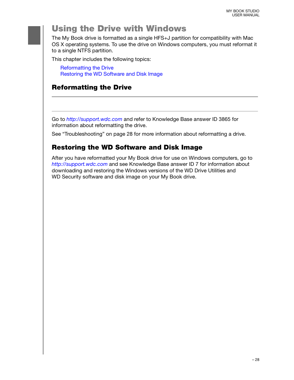 Using the drive with windows, Reformatting the drive, Restoring the wd software and disk image | Western Digital My Book Studio (USB 3.0) User Manual User Manual | Page 32 / 42