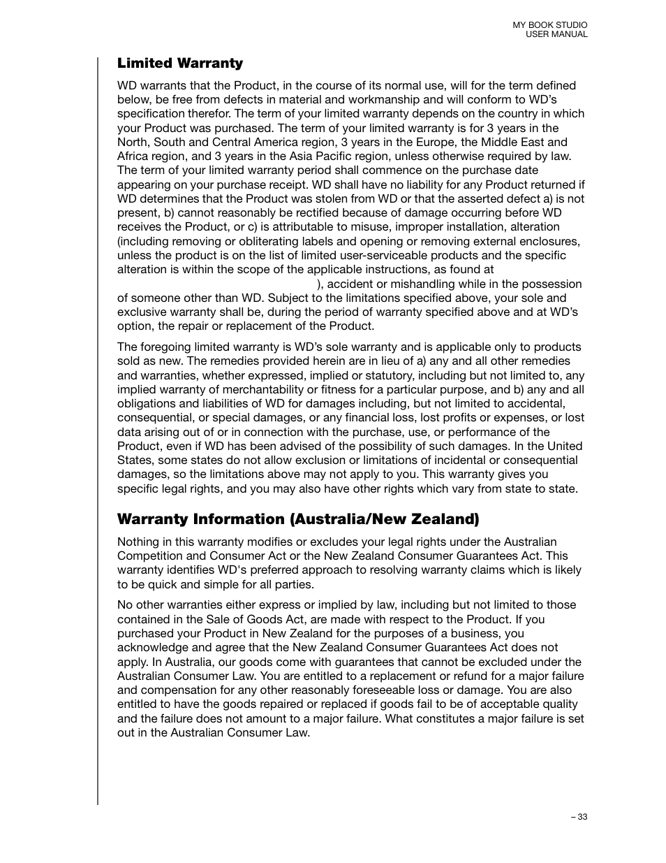 Limited warranty, Warranty information (australia/new zealand) | Western Digital My Book Studio (USB 3.0) User Manual User Manual | Page 37 / 42