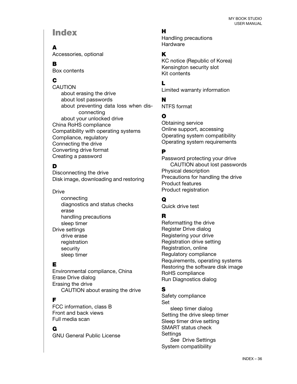 Index | Western Digital My Book Studio (USB 3.0) User Manual User Manual | Page 40 / 42
