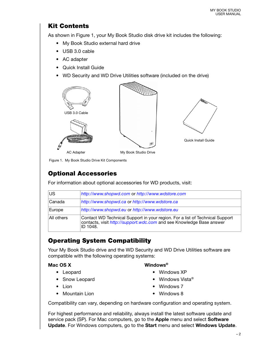 Kit contents, Optional accessories, Operating system compatibility | Western Digital My Book Studio (USB 3.0) User Manual User Manual | Page 6 / 42