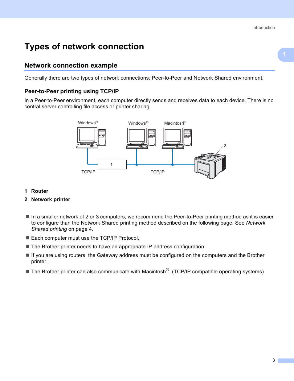 Types of network connection, Network connection example, Peer-to-peer printing using tcp/ip | Brother HL 4040CN User Manual | Page 10 / 177