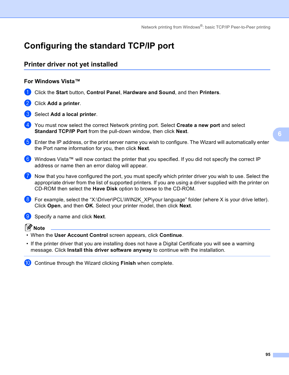 Configuring the standard tcp/ip port, Printer driver not yet installed, For windows vista | Brother HL 4040CN User Manual | Page 102 / 177