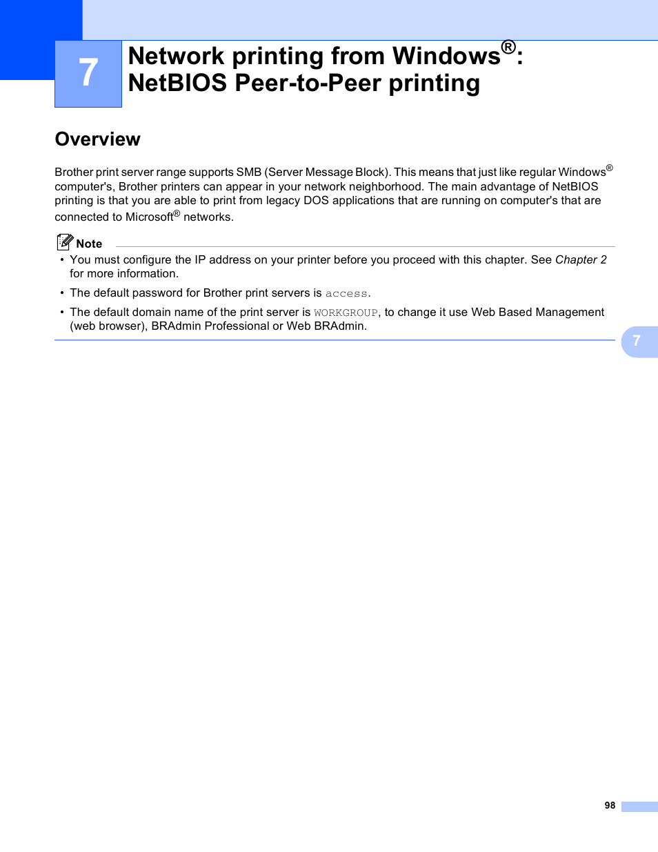 Overview, Network printing from windows, Chapter 7: network printing from windows | Netbios peer-to-peer printing an, Netbios peer-to-peer printing | Brother HL 4040CN User Manual | Page 105 / 177