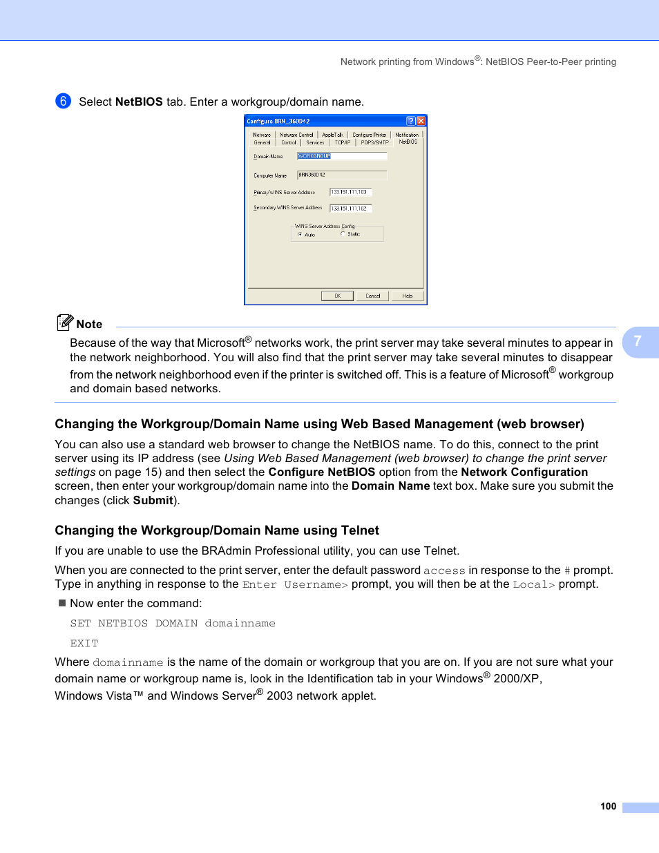 Changing the workgroup/domain name using telnet | Brother HL 4040CN User Manual | Page 107 / 177