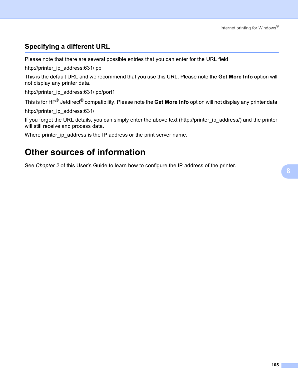 Specifying a different url, Other sources of information, 8specifying a different url | Brother HL 4040CN User Manual | Page 112 / 177