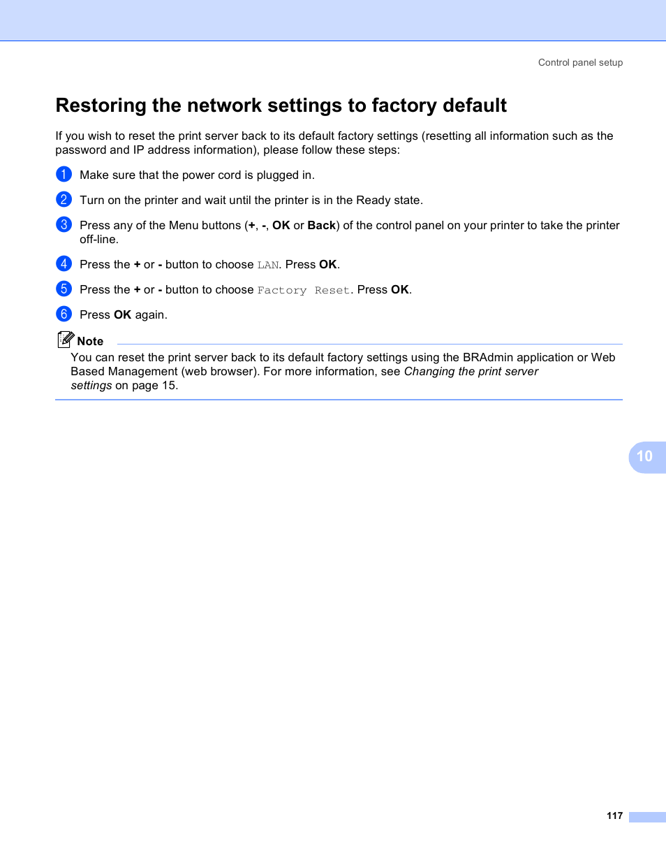 Restoring the network settings to factory default | Brother HL 4040CN User Manual | Page 124 / 177