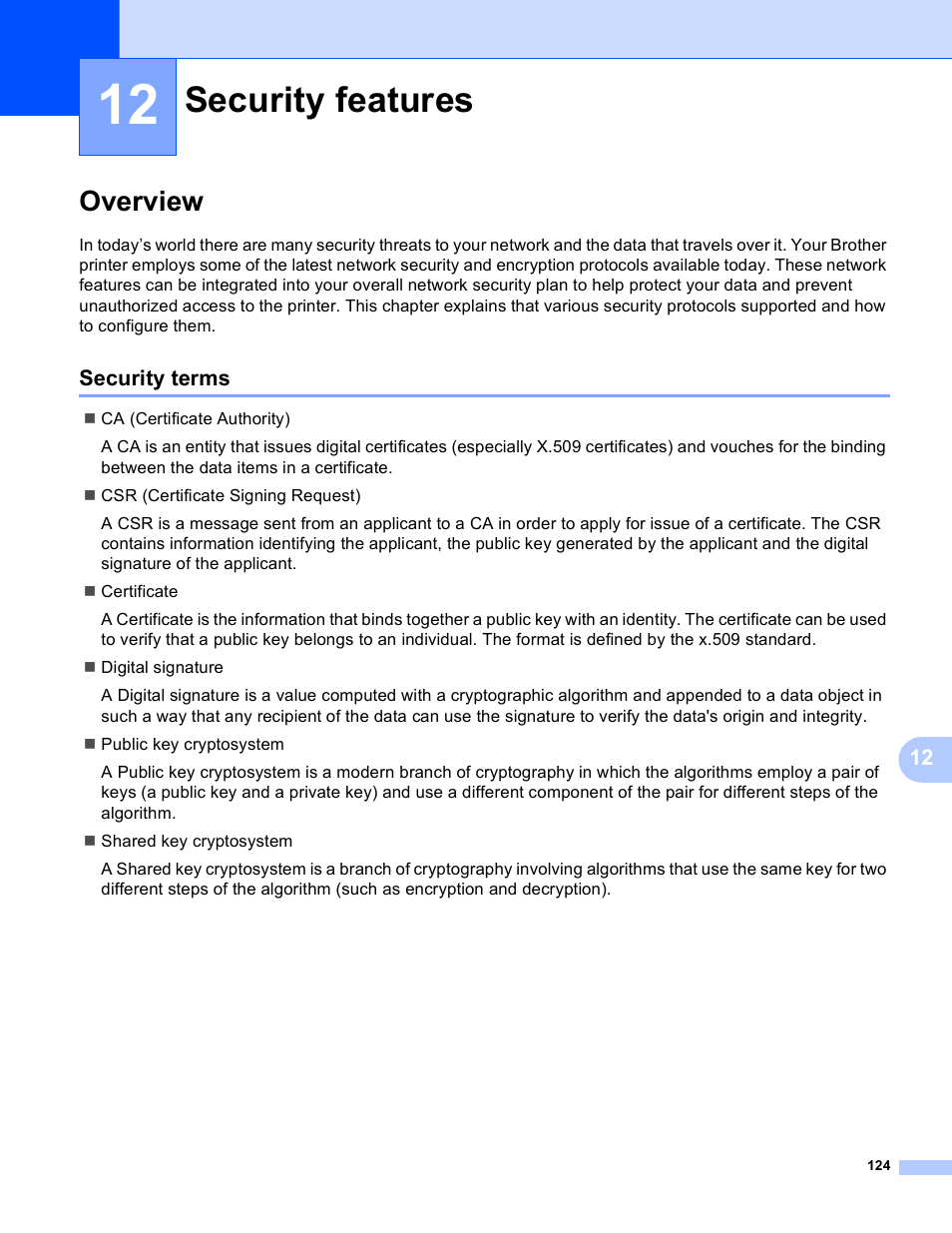 12 security features, Overview, Security terms | Security features | Brother HL 4040CN User Manual | Page 131 / 177