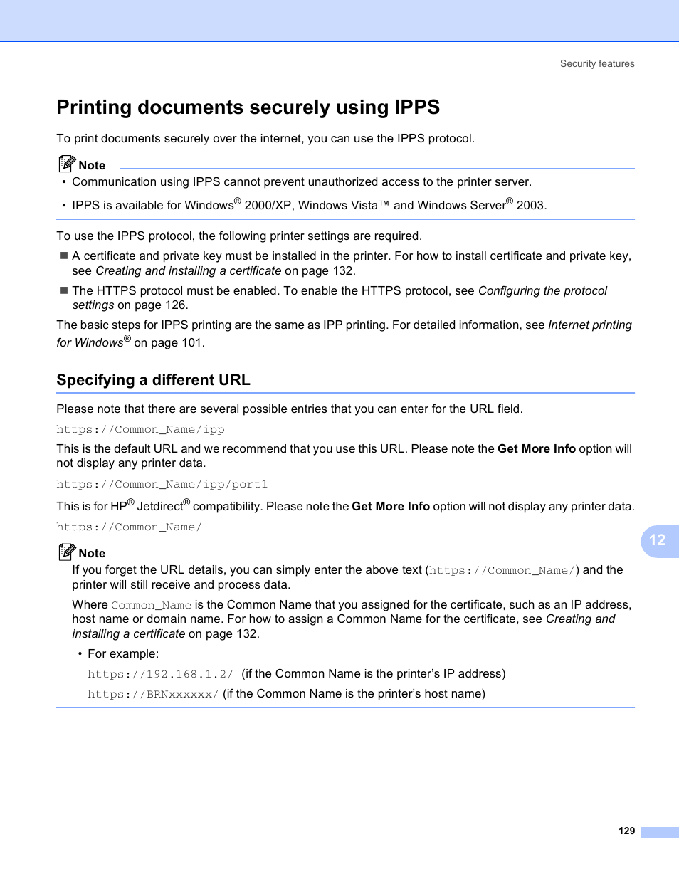 Printing documents securely using ipps, Specifying a different url | Brother HL 4040CN User Manual | Page 136 / 177