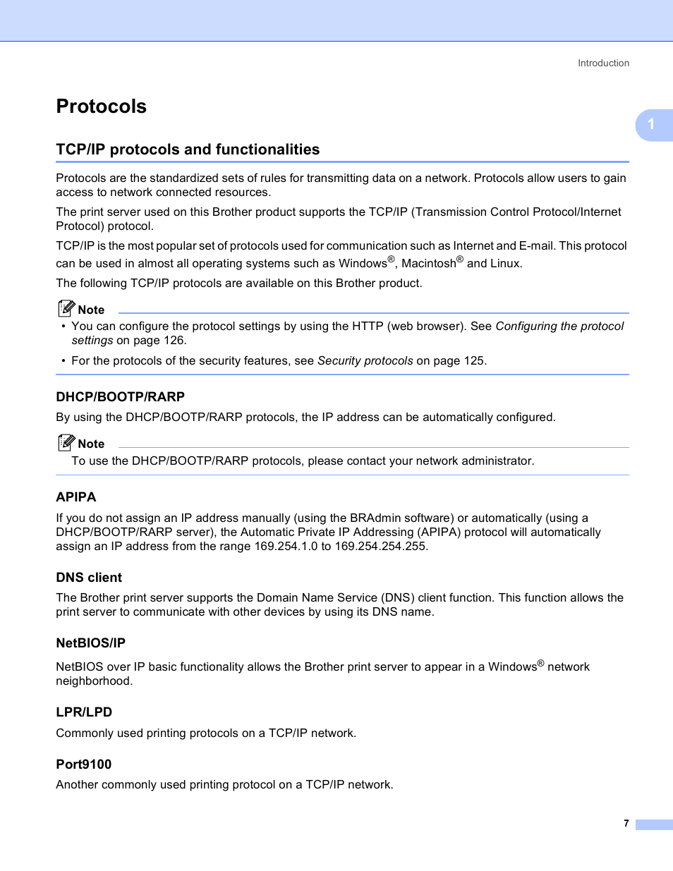 Protocols, Tcp/ip protocols and functionalities, Dhcp/bootp/rarp | Apipa, Dns client, Netbios/ip, Lpr/lpd, Port9100 | Brother HL 4040CN User Manual | Page 14 / 177