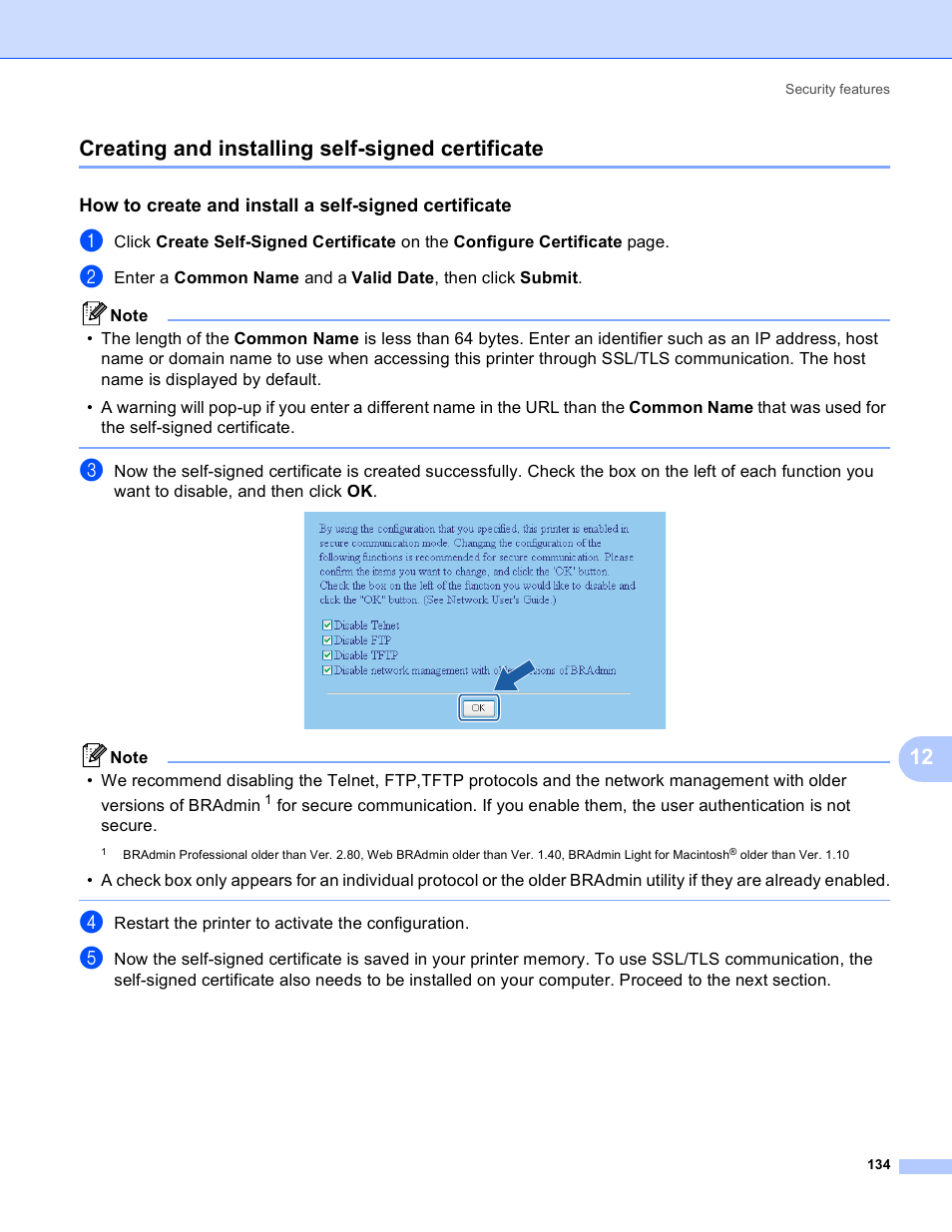 Creating and installing self-signed certificate, 12 creating and installing self-signed certificate | Brother HL 4040CN User Manual | Page 141 / 177