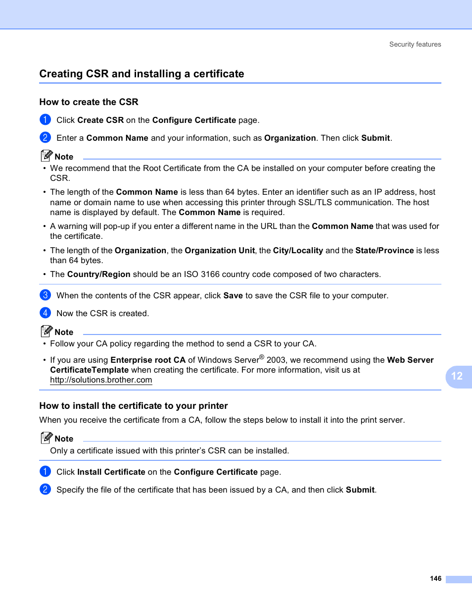 Creating csr and installing a certificate, How to create the csr, How to install the certificate to your printer | Creating csr and installing, 12 creating csr and installing a certificate | Brother HL 4040CN User Manual | Page 153 / 177