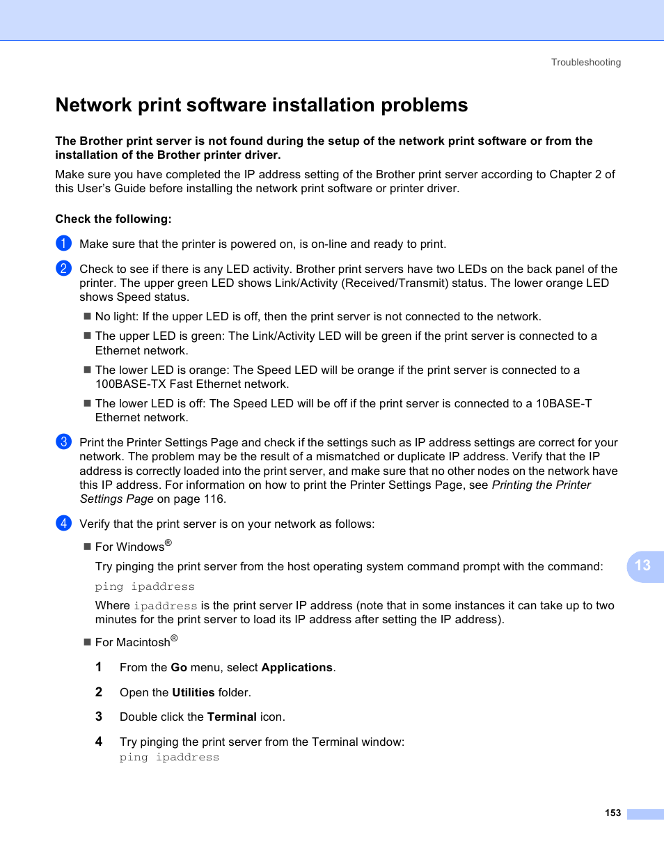 Network print software installation problems | Brother HL 4040CN User Manual | Page 160 / 177