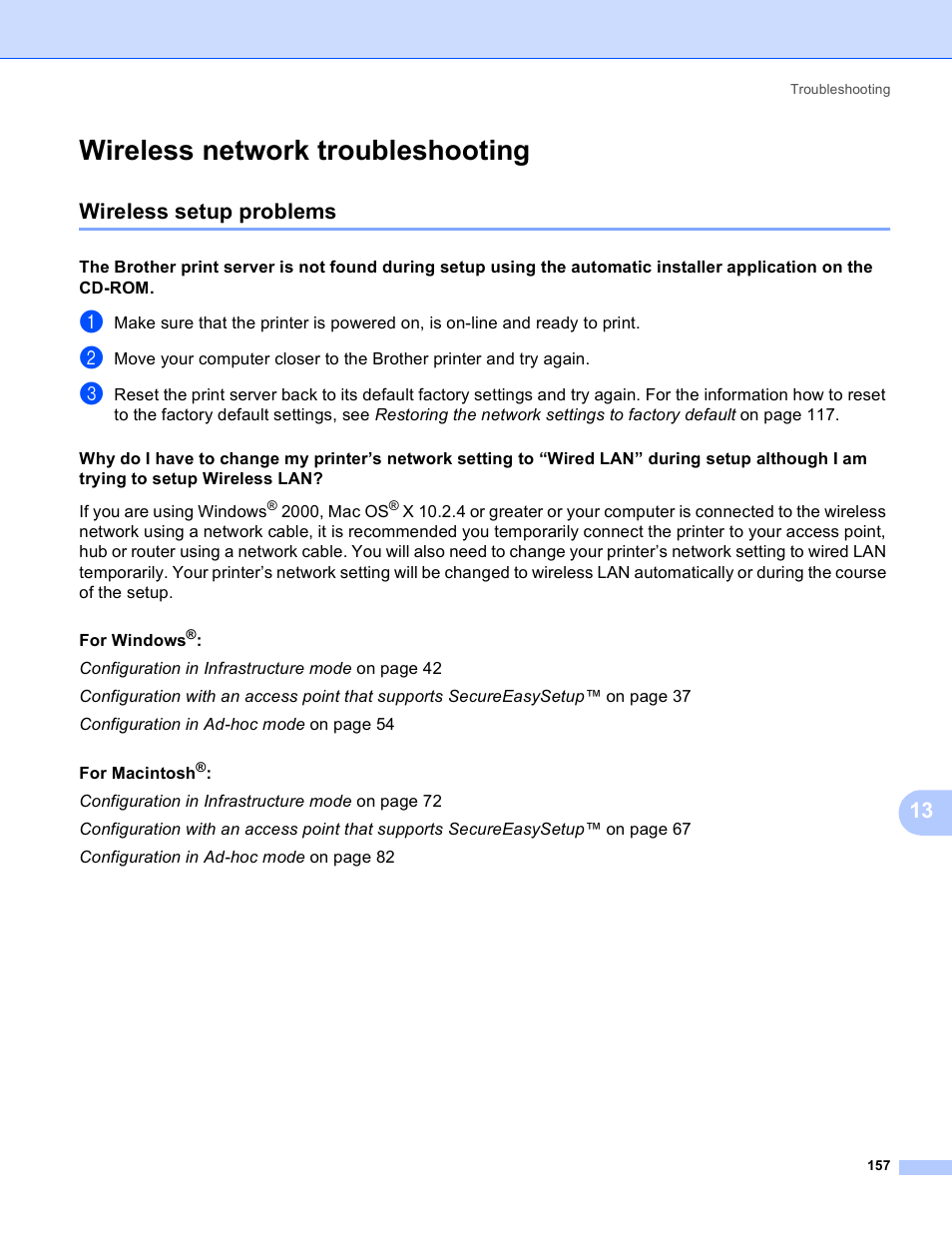 Wireless network troubleshooting, Wireless setup problems | Brother HL 4040CN User Manual | Page 164 / 177