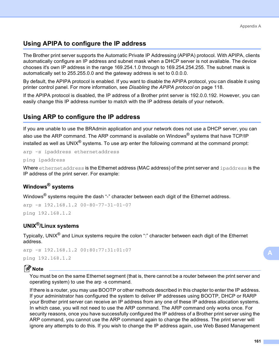 Using apipa to configure the ip address, Using arp to configure the ip address, Windows® systems | Unix®/linux systems, Ausing apipa to configure the ip address | Brother HL 4040CN User Manual | Page 168 / 177