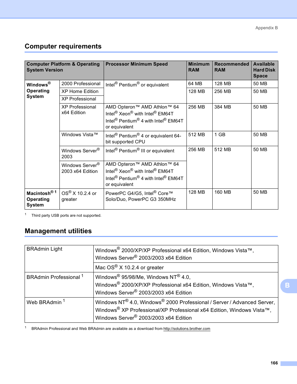 Computer requirements, Management utilities, Computer requirements management utilities | Bcomputer requirements | Brother HL 4040CN User Manual | Page 173 / 177